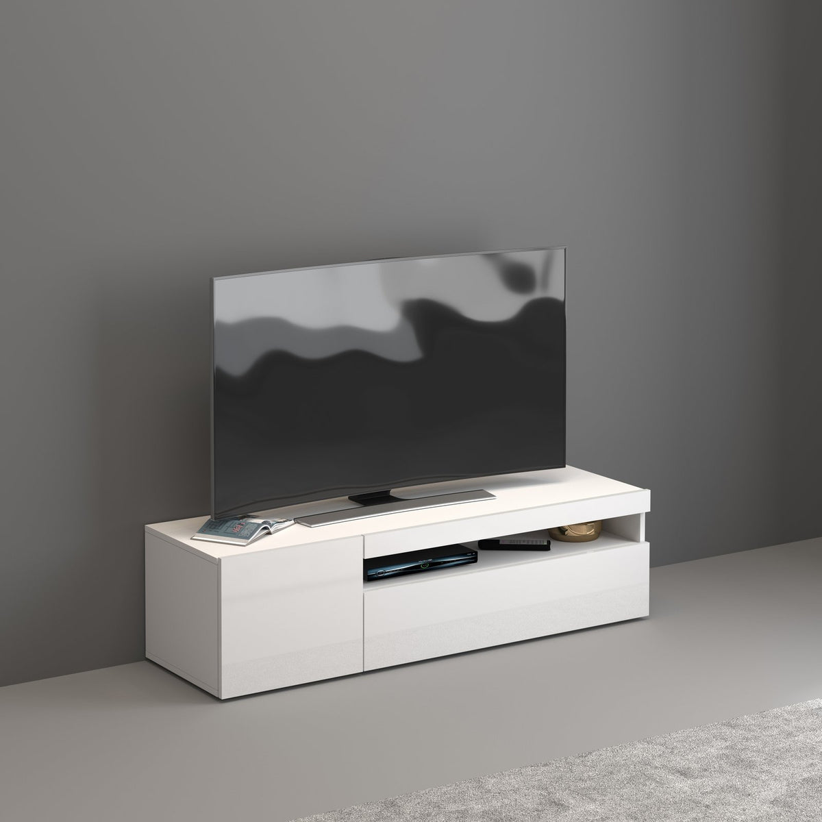 Porta TV MAGNUS bianco opaco con vano centrale a giorno e cassetti, vista di tre quarti
