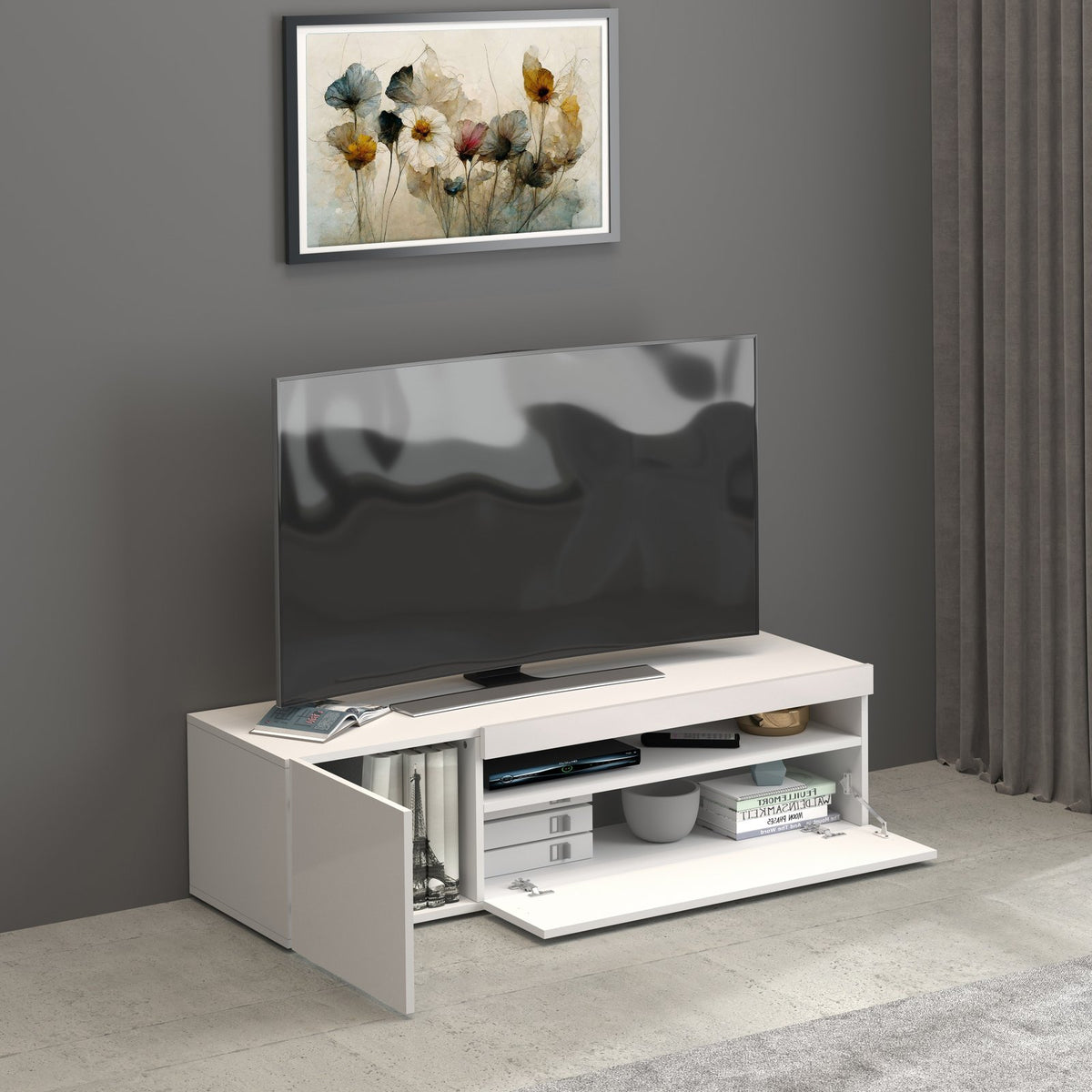 Porta TV BIANCO OPACO con anta sinistra aperta che mostra ripiano interno con libri