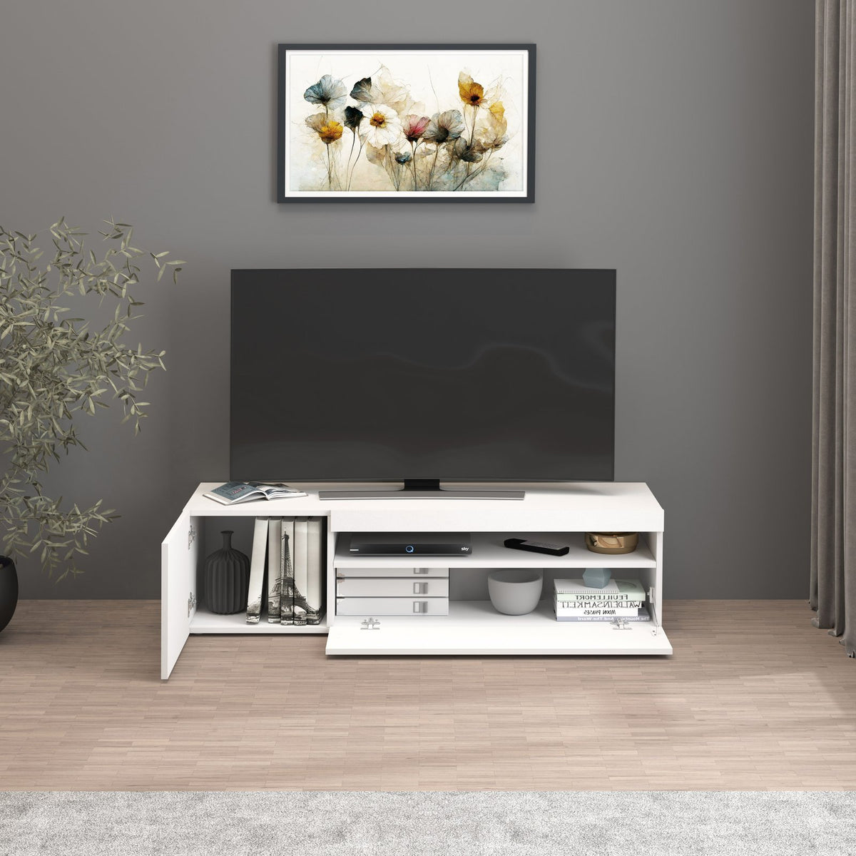 Porta TV BIANCO OPACO con sportello sinistro aperto e vano interno con libri, vista frontale