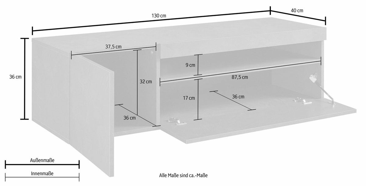 Disegno tecnico del porta TV BIANCO OPACO con quote di ingombro e vano interno