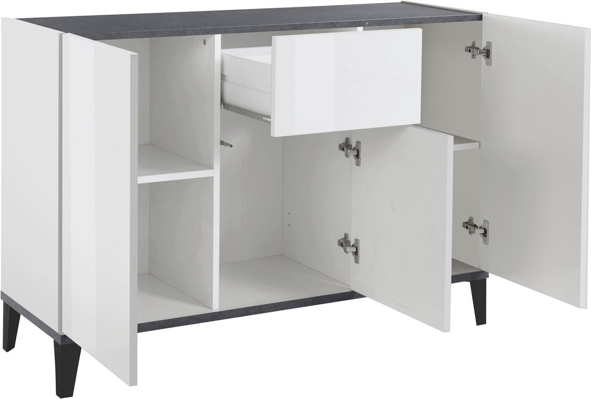 Credenza ARTEMIS bianco opaco con ante aperte a sinistra, centro e destra, cassetto centrale