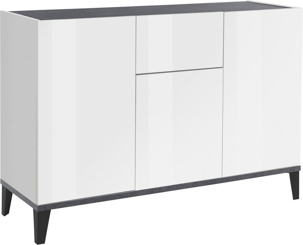 Credenza ARTEMIS bianco opaco tre ante vista di tre quarti su fondo bianco