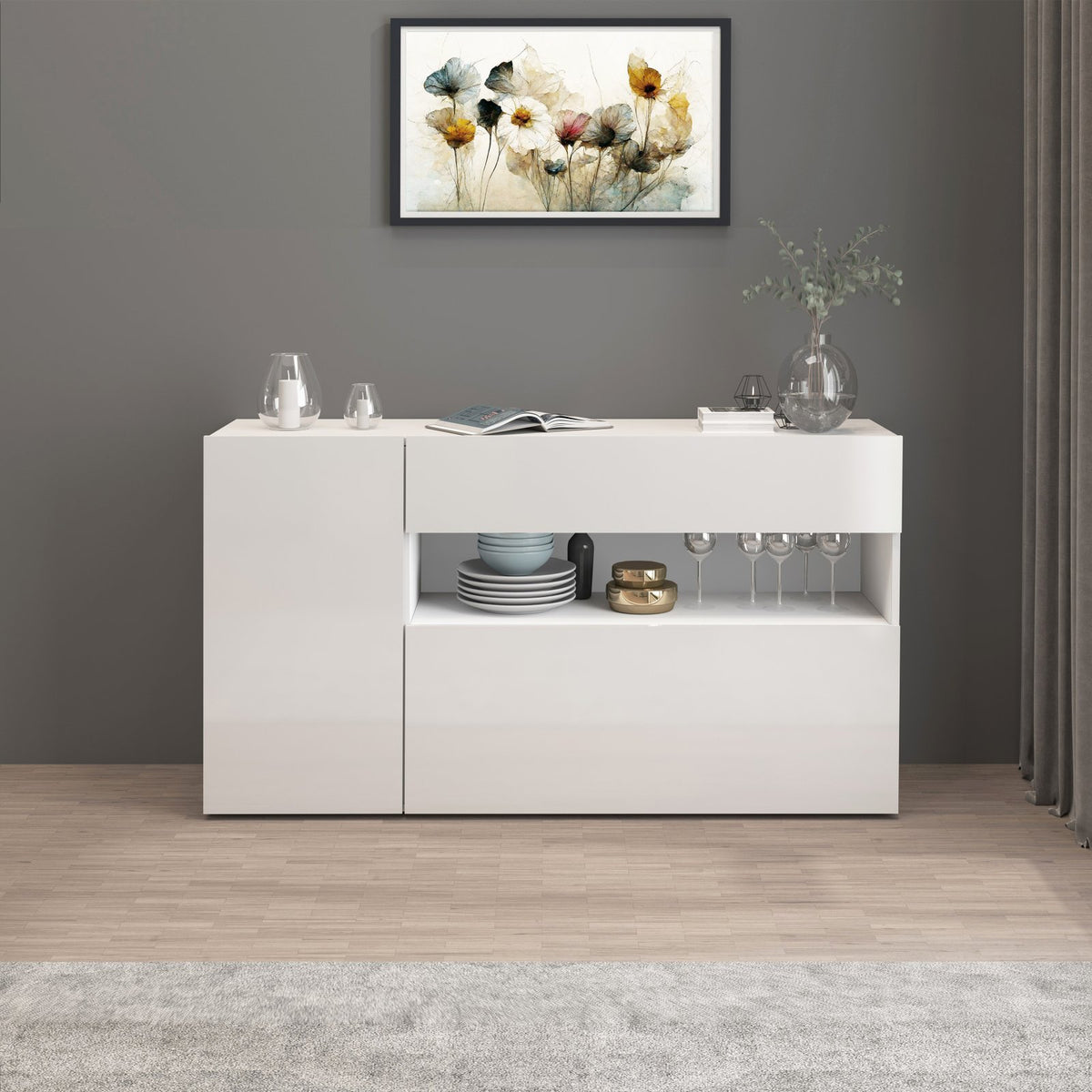 CREDENZA bianco opaco frontale con due ante, cassetto centrale e vano a giorno con stoviglie