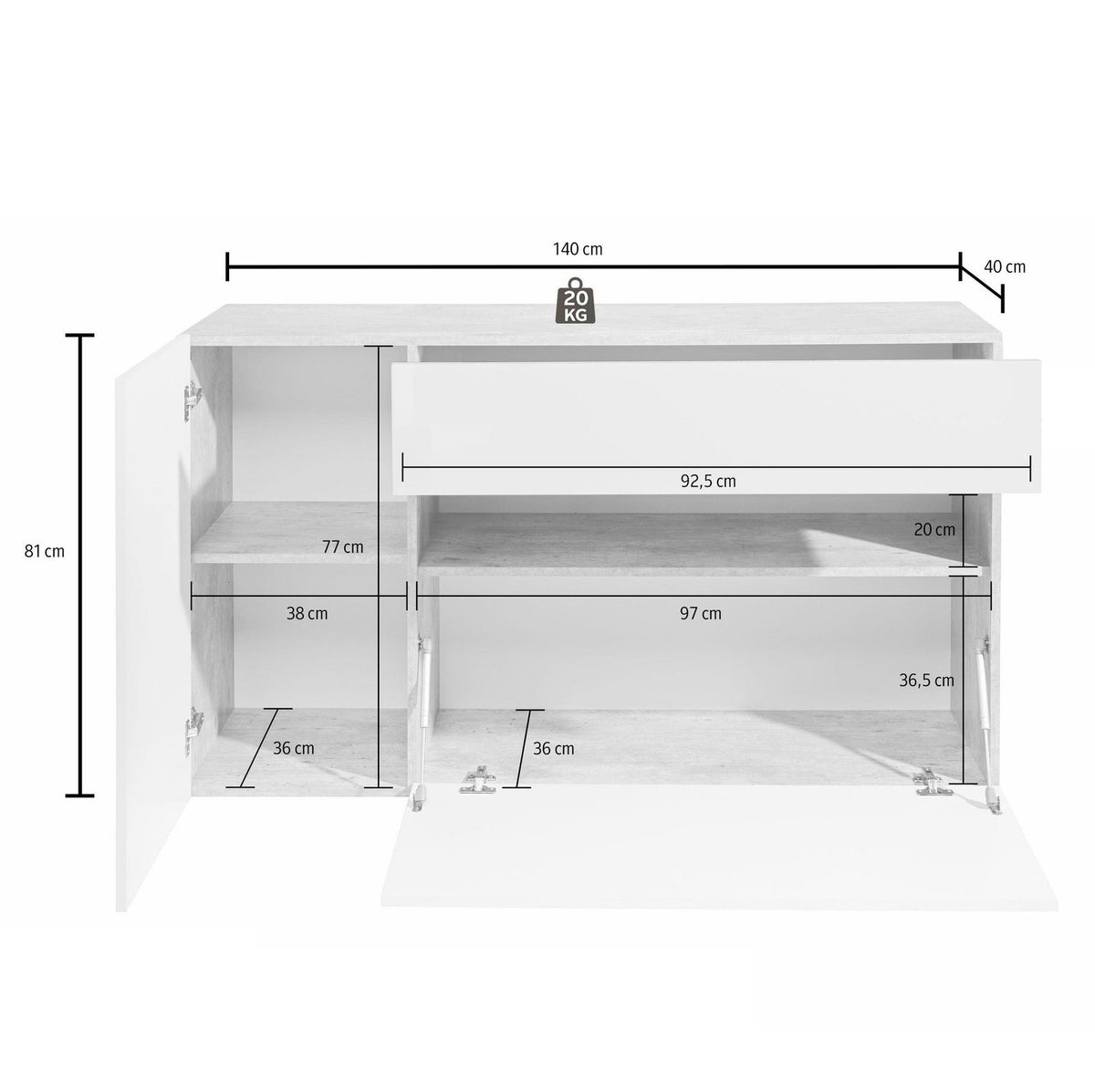 Misure della credenza BELLAVIS bianco opaco: 140 cm di larghezza e 81 di altezza