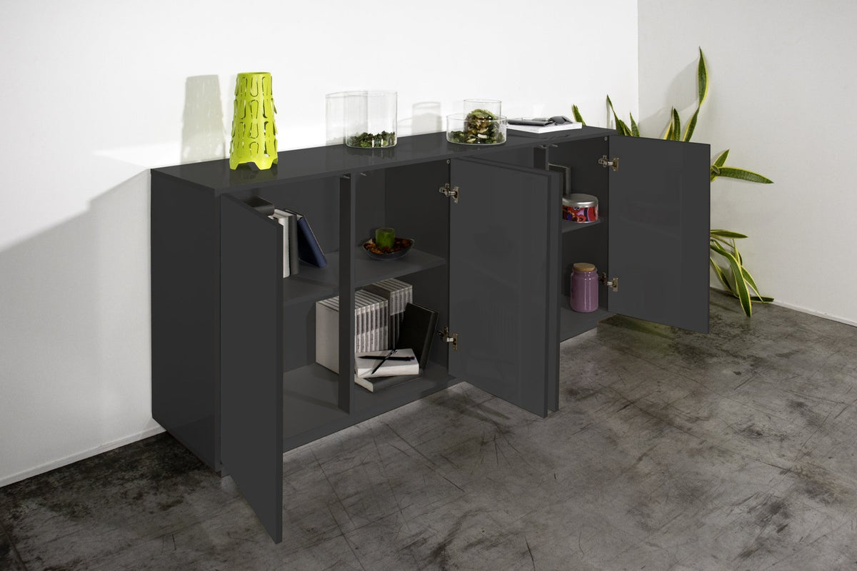 Credenza ENIGMA antracite opaco con quattro ante aperte e interni dei vani visibili #colore_Antracite Opaco