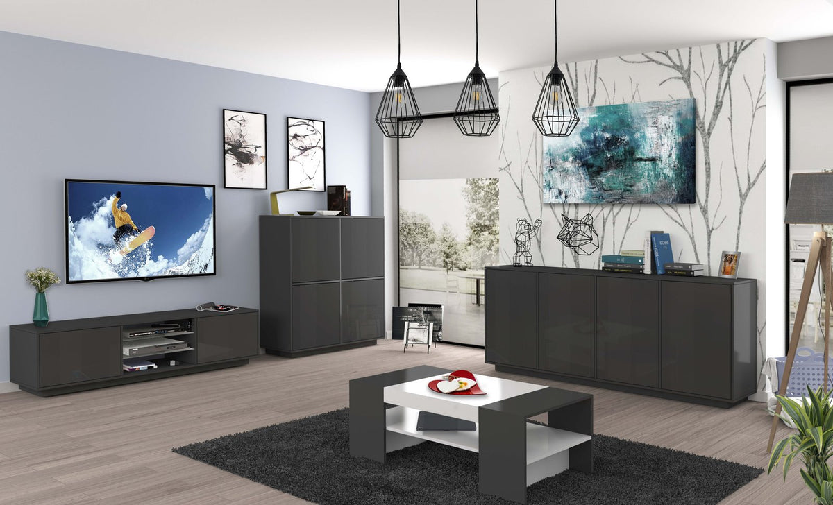 Render del soggiorno con la credenza ENIGMA antracite opaco appoggiata alla parete destra #colore_Antracite Opaco