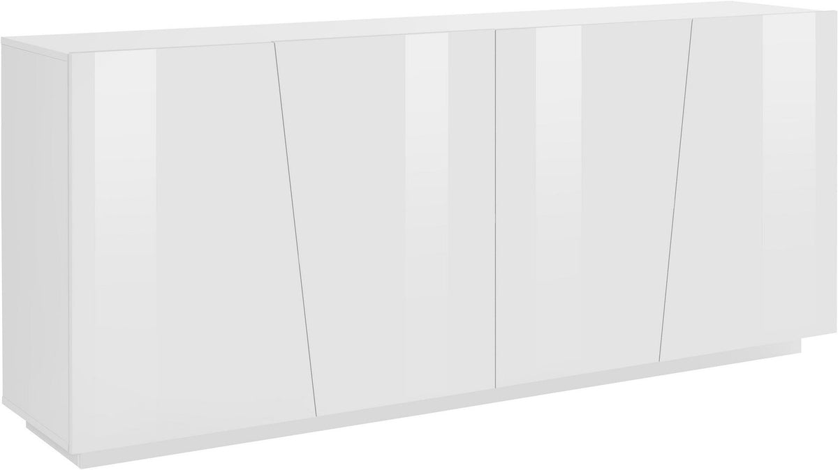 Credenza GALAXIA bianco lucido a quattro ante battenti su sfondo bianco, vista tre quarti #colore_Bianco Lucido