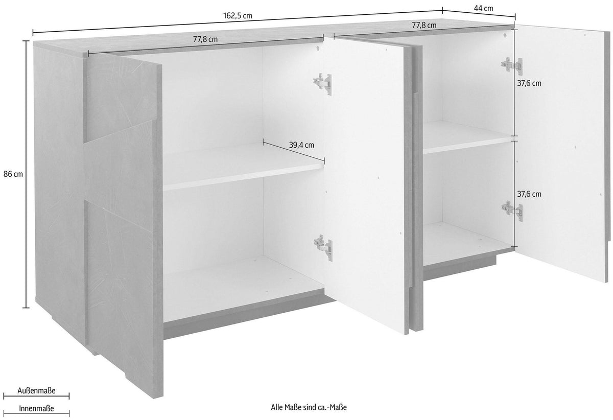 Misure della credenza PULSE bianco lucido con ante aperte e quote di 162,5 cm di larghezza #colore_Bianco Lucido