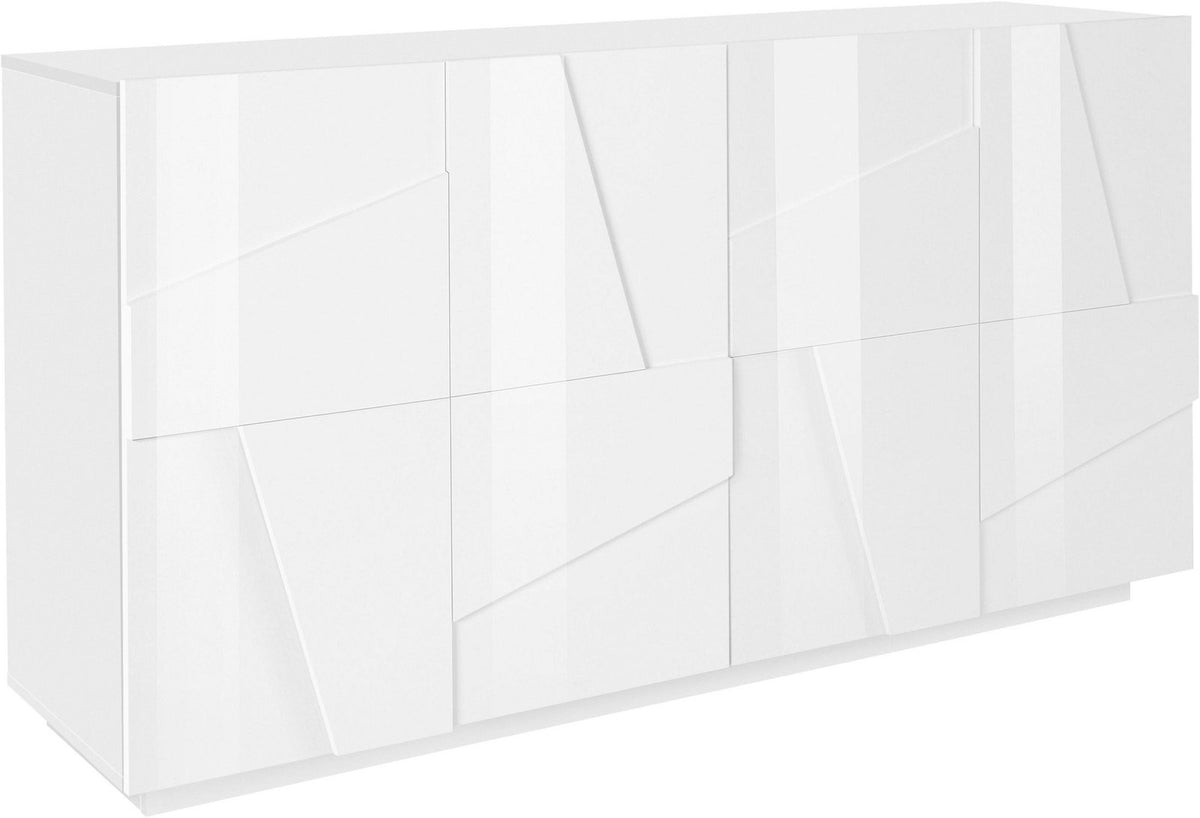 Credenza PULSE bianco lucido su sfondo bianco, vista tre quarti con pannelli sfaccettati #colore_Bianco Lucido