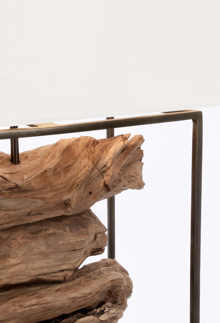 Lampada da Tavolo in Legno di Teak Riciclato e Acciaio con Paralume in Cotone - ANANYA