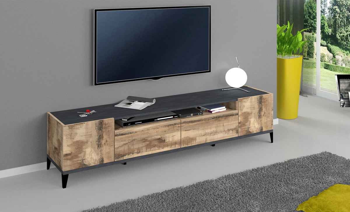 Porta TV ARTEMIS effetto legno con top scuro sotto TV a muro, in salotto