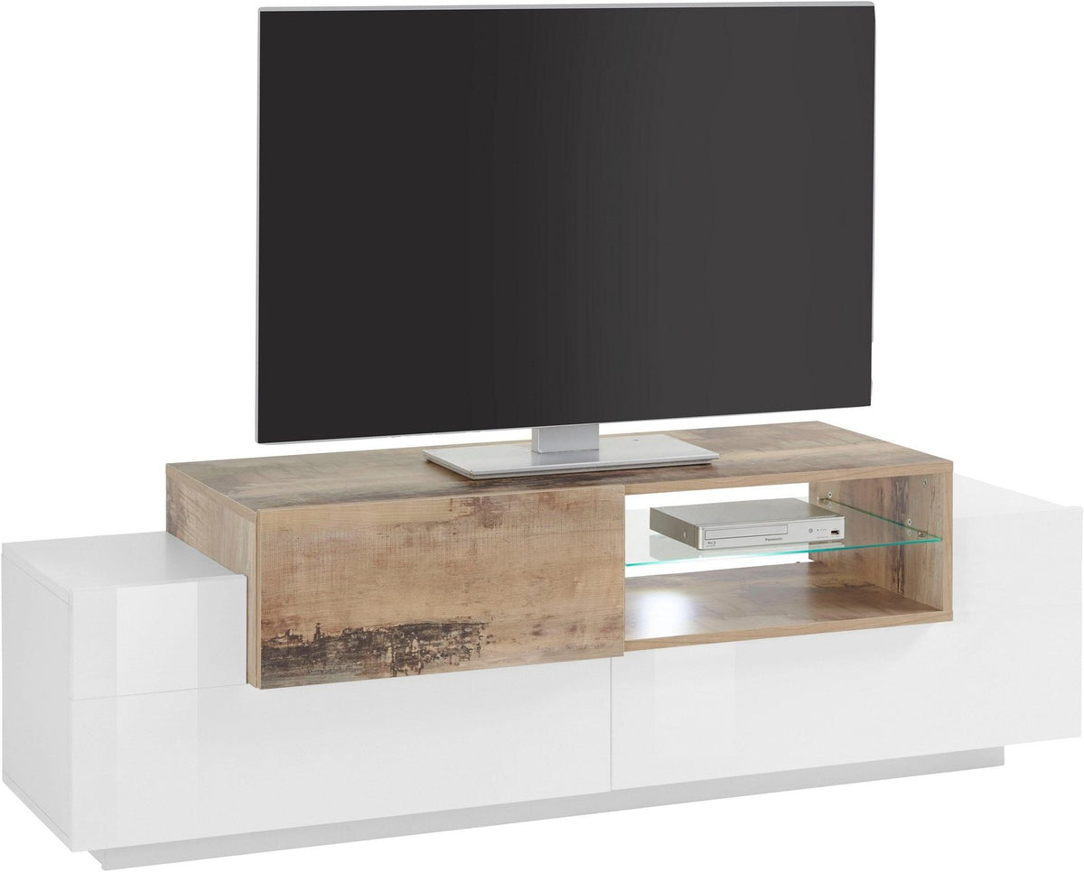 Porta TV ZENITH bianco lucido su fondo bianco, vista di tre quarti #colore_Bianco Lucido