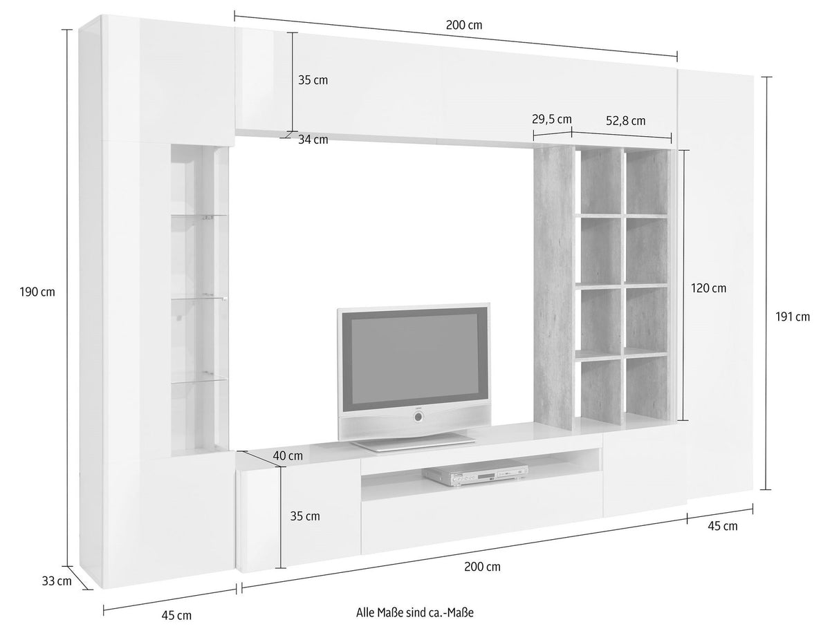 Schema quotato della parete attrezzata STELLAR bianco lucido, vista laterale con misure in centimetri #colore_Bianco Lucido/Cemento