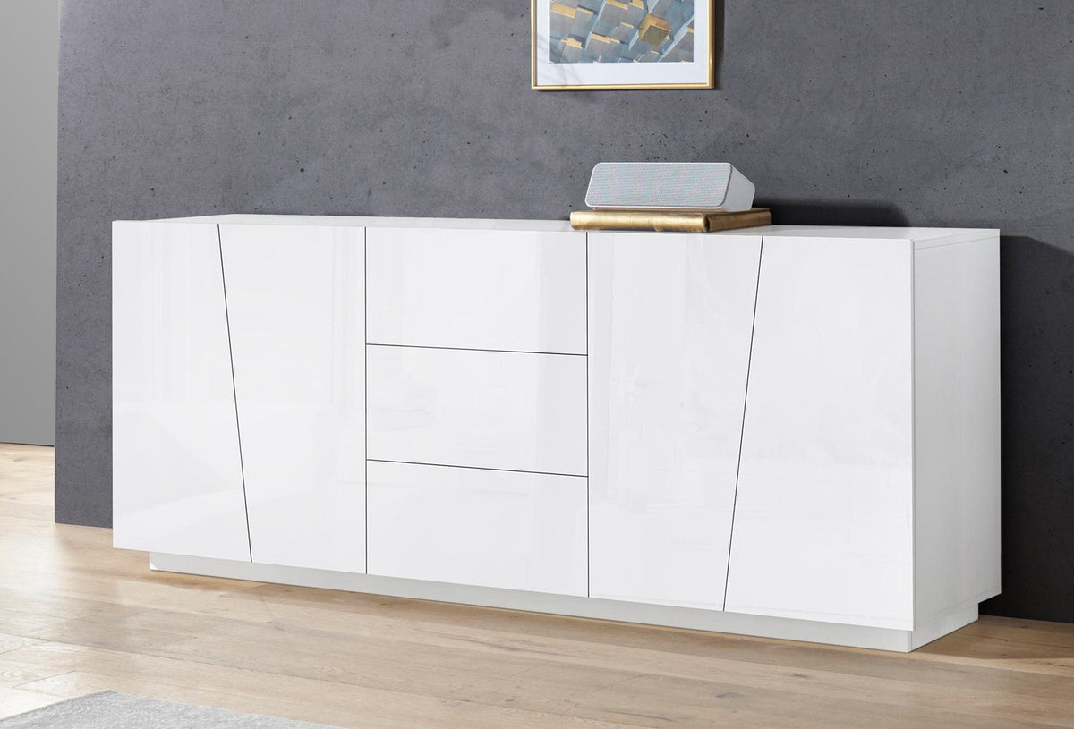 Credenza GALAXIA bianco lucido intera in soggiorno, vista frontale con tre cassetti al centro #colore_Bianco Lucido
