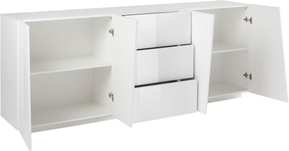 Credenza GALAXIA bianco lucido con ante aperte e cassetti leggermente socchiusi, vista dal basso #colore_Bianco Lucido