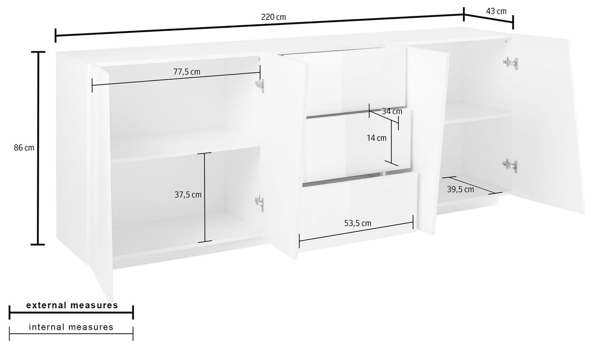 Schema quotato della credenza GALAXIA bianco lucido con misure esterne e interne dei vani #colore_Bianco Lucido