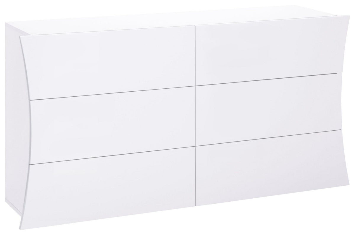 Cassettiera ARCANE bianco lucido con sei cassetti senza maniglie, vista di tre quarti su fondo bianco