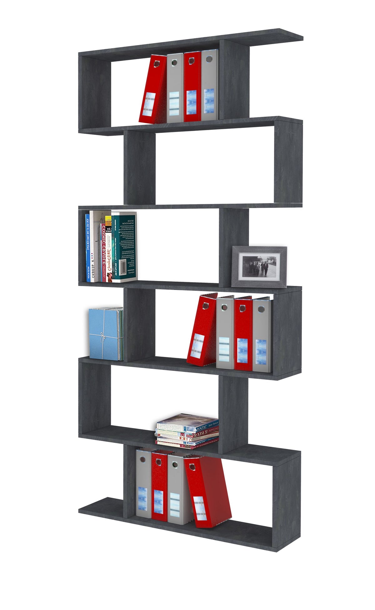 Libreria ODYSSEY effetto legno grigio scuro su sfondo bianco, con raccoglitori, libri e scatola sui ripiani #colore_Ardesia