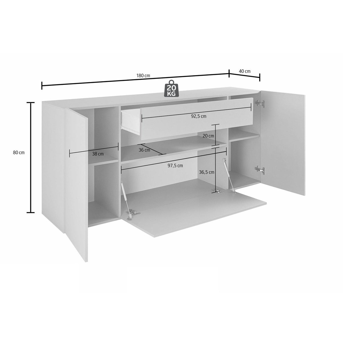 Credenza CAMPO bianco lucido con ante e cassetto aperti, misure 180 per 80 per 40 cm