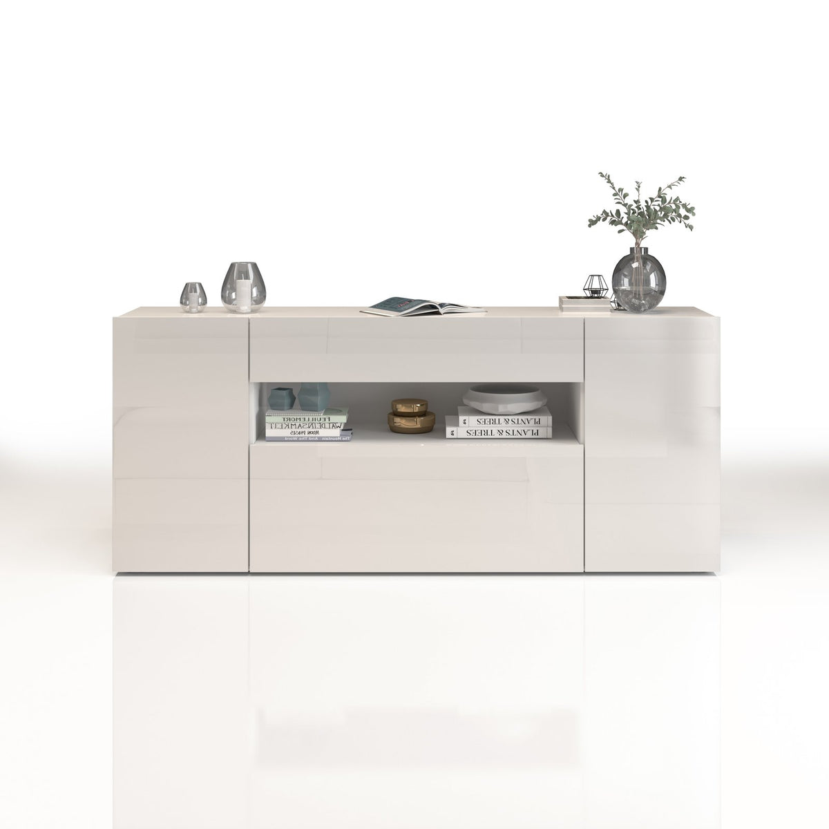 Credenza CAMPO bianco lucido vista frontale su fondo bianco con vano a giorno