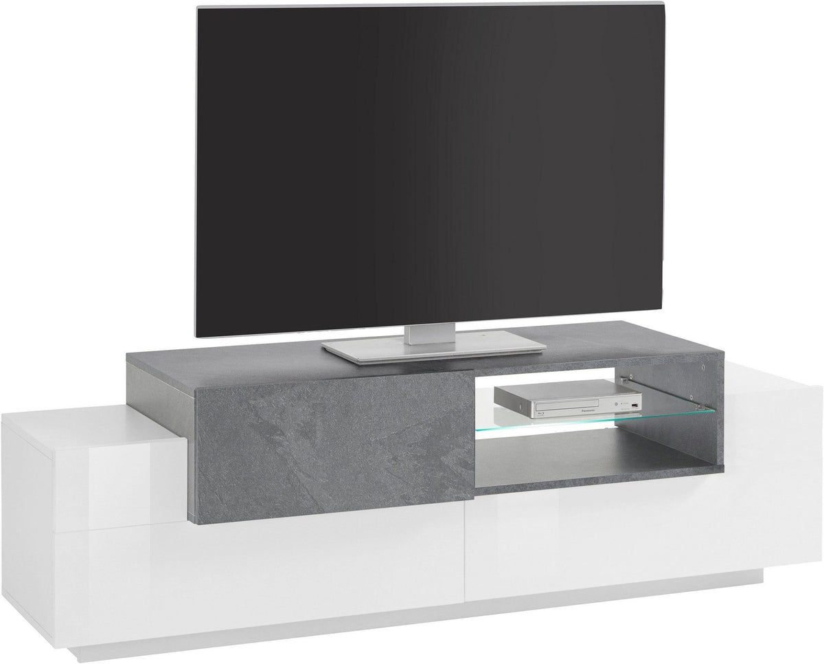Porta TV ZENITH bianco opaco con fascia centrale grigia e vano illuminato da striscia LED blu #colore_Bianco e Ardesia