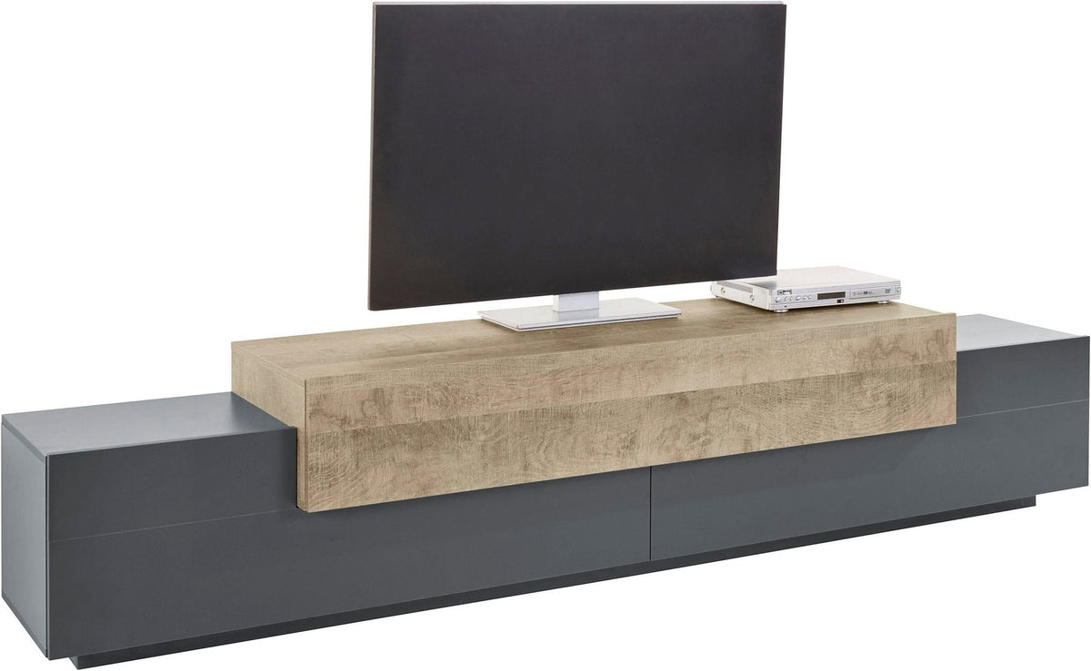 Porta TV CELESTIA antracite opaco e rovere chiuso, visto di tre quarti su fondo bianco #colore_Antracite Opaco/Rovere