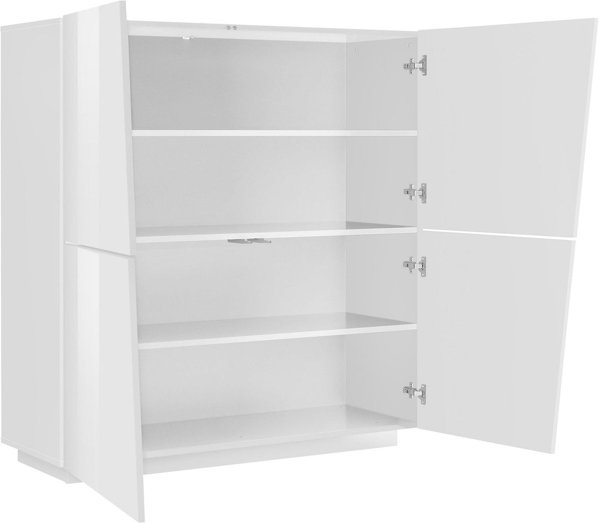 Interno della credenza GALAXIA bianco lucido con ante aperte e tre ripiani #colore_Bianco Lucido