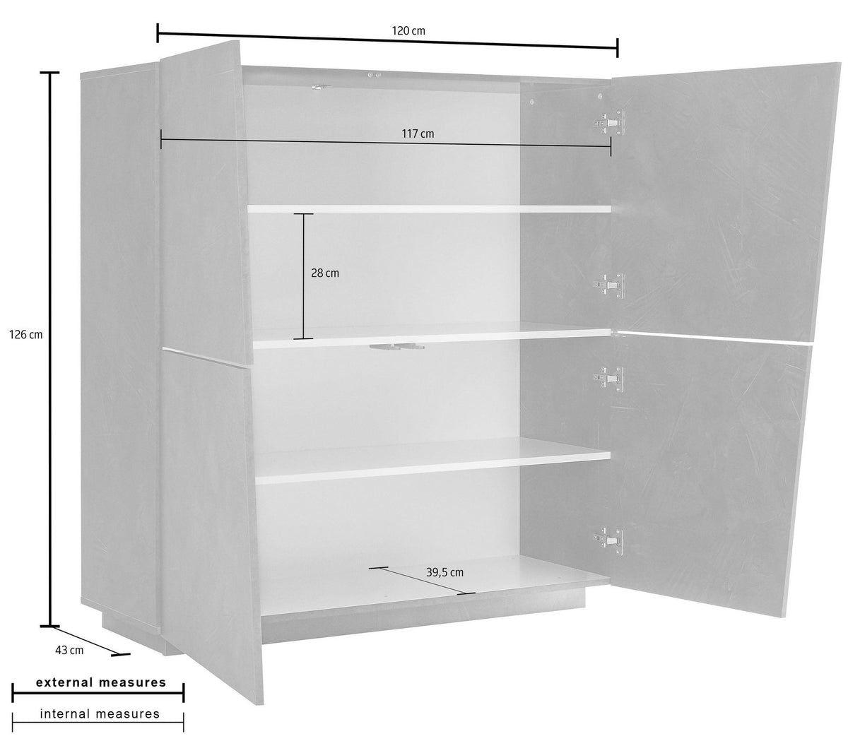 Misure della credenza GALAXIA: 120 cm di larghezza, 117 di altezza e 39,5 di profondità #colore_Bianco Lucido