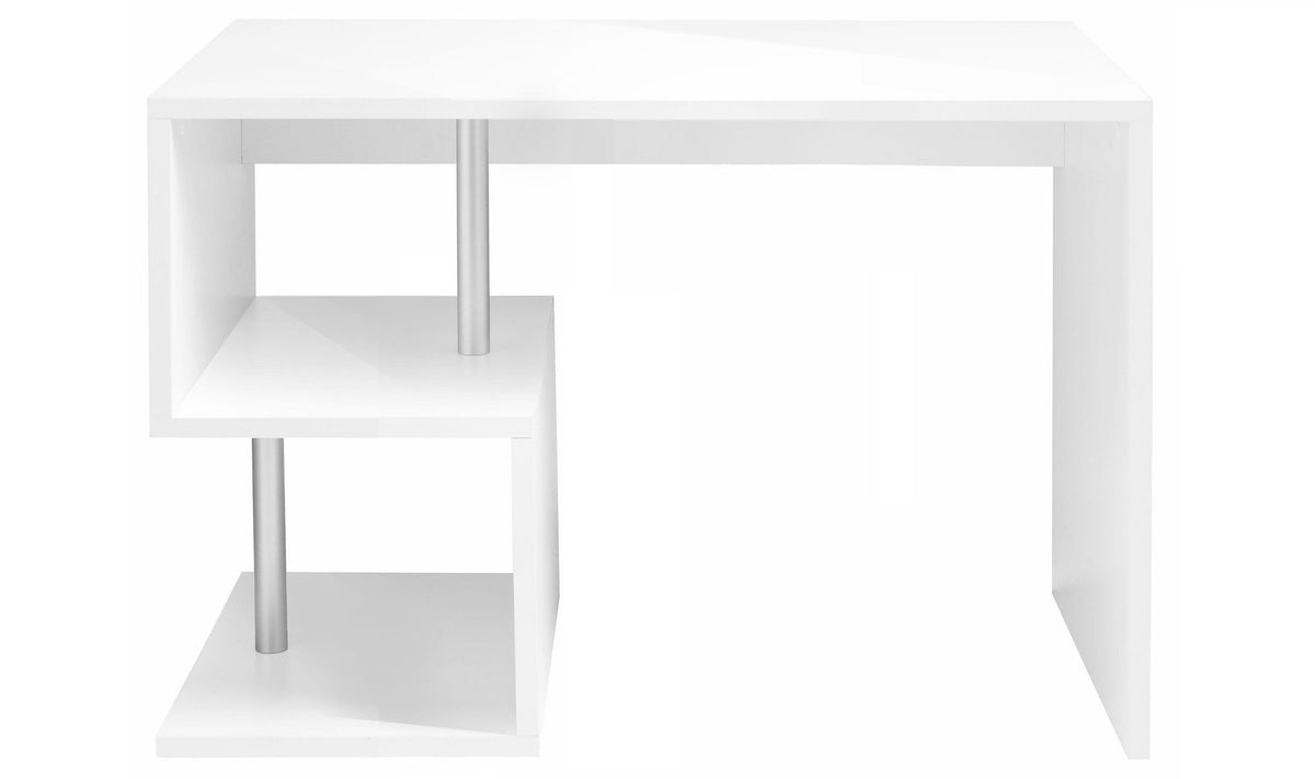 Scrivania HERMES bianco lucido su sfondo bianco, vista frontale con ripiani a S e montanti cromati #colore_Bianco Lucido