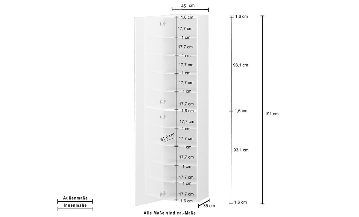 Scarpiera PHOENIX bianco lucido con anta aperta e misure quotate: altezza 191 cm, profondità 35 cm