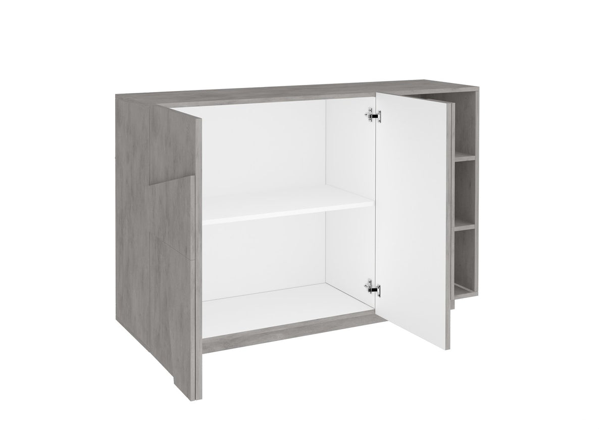 Credenza PULSE cemento con un'anta aperta che mostra l'interno e i quattro vani laterali