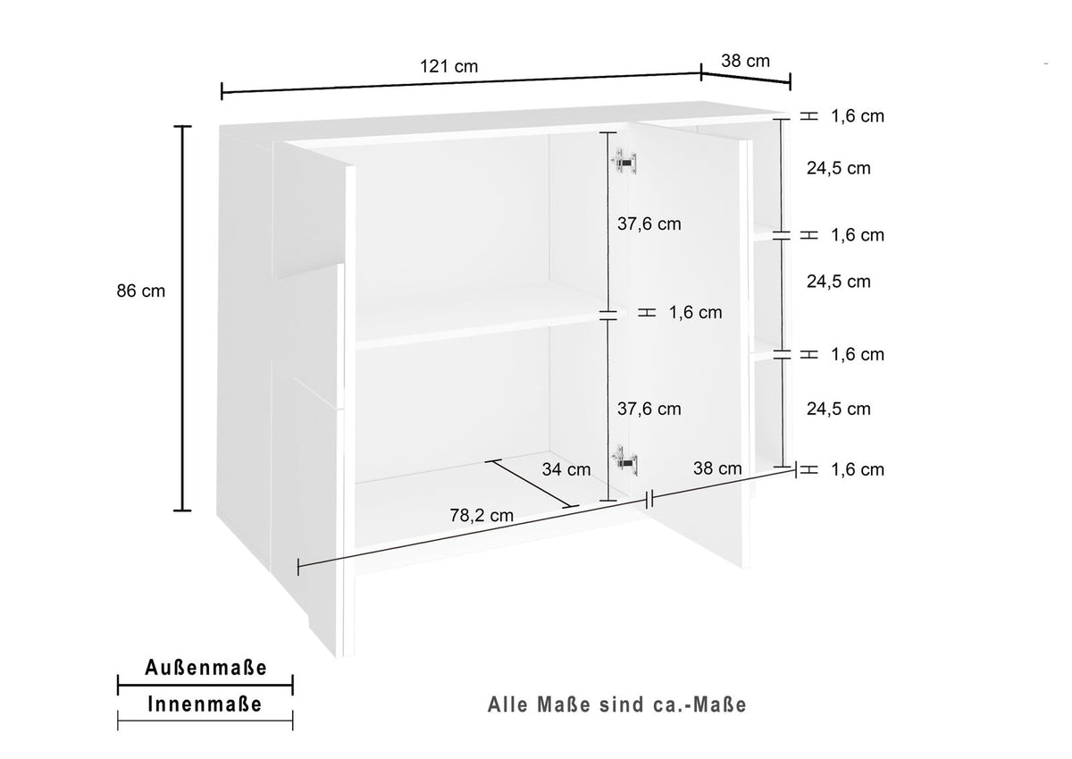 Misure della credenza PULSE: 121 cm di larghezza, 38 di profondità e 86 di altezza