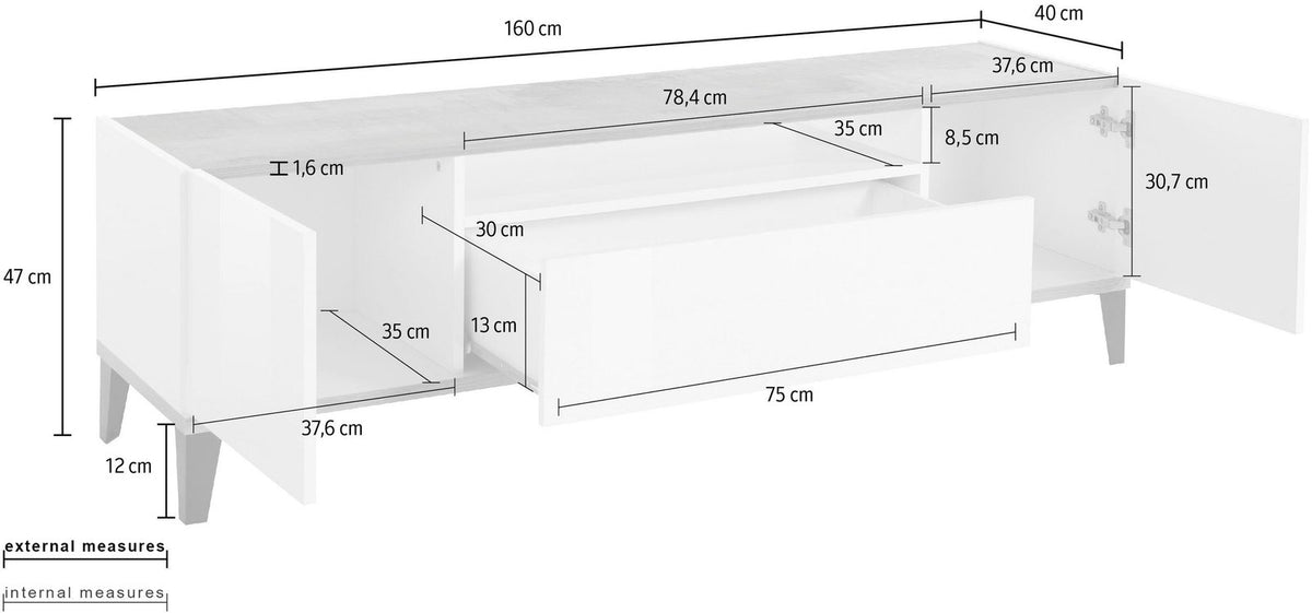 Misure del porta TV ARTEMIS: 160 cm di larghezza, 47 di altezza, 40 di profondità #colore_Effetto Legno