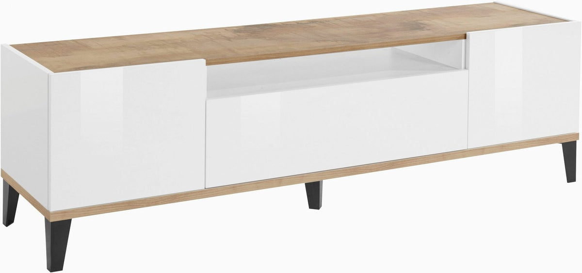 Porta TV ARTEMIS effetto legno su fondo bianco, vista laterale con vano centrale a giorno #colore_Effetto Legno