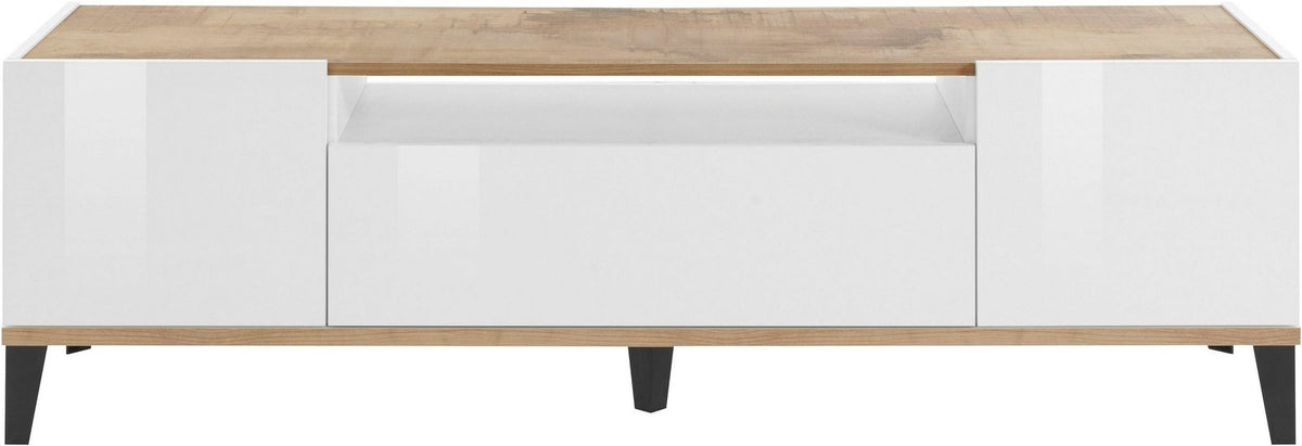 Porta TV ARTEMIS effetto legno visto frontalmente con cassetto centrale leggermente aperto #colore_Effetto Legno