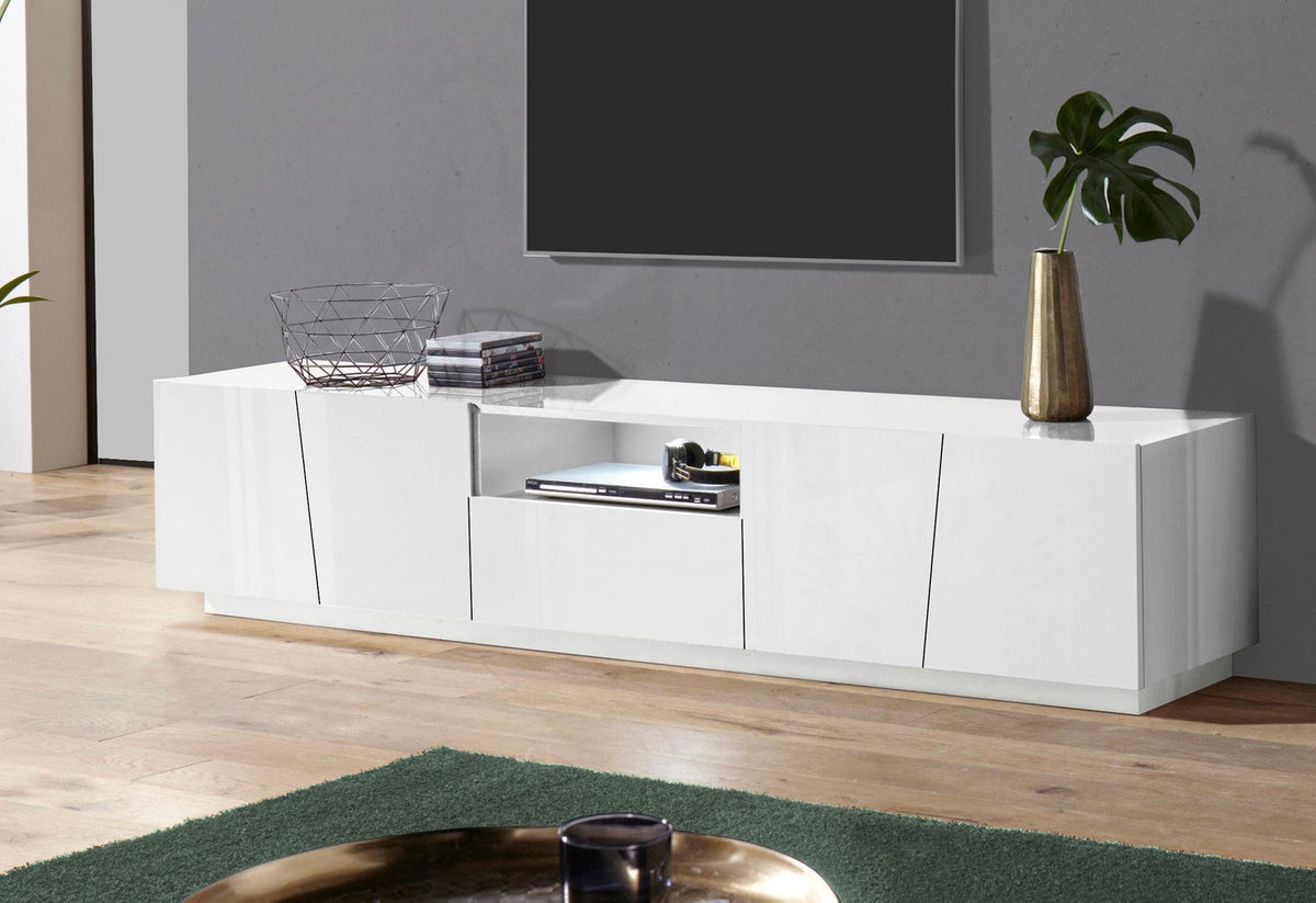 Porta TV GALAXIA bianco lucido in soggiorno con lettore DVD e vano centrale illuminato #colore_Bianco Lucido