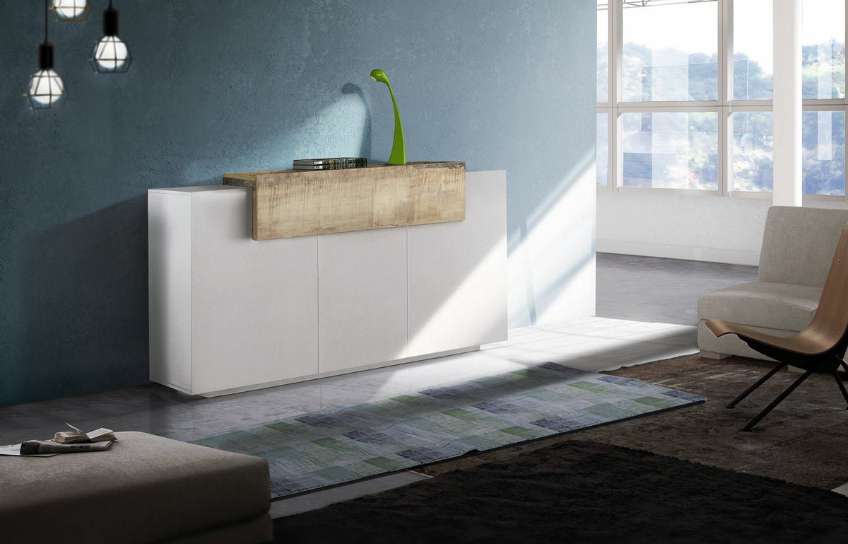 Credenza CELESTIA acero pereira con ribalta in legno chiaro, soggiorno con tappeti #colore_Bianco Lucido/Acero Pereira