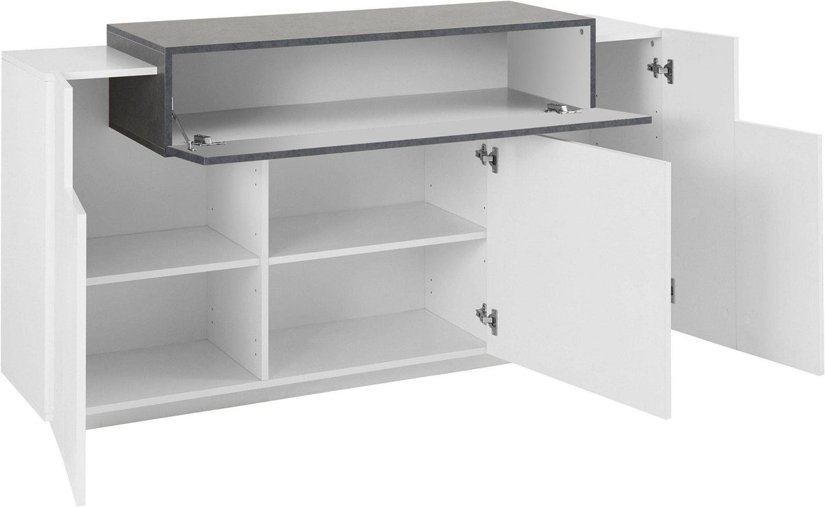 Credenza CELESTIA acero pereira con ante aperte e vani interni con ripiani #colore_Bianco Lucido/Acero Pereira