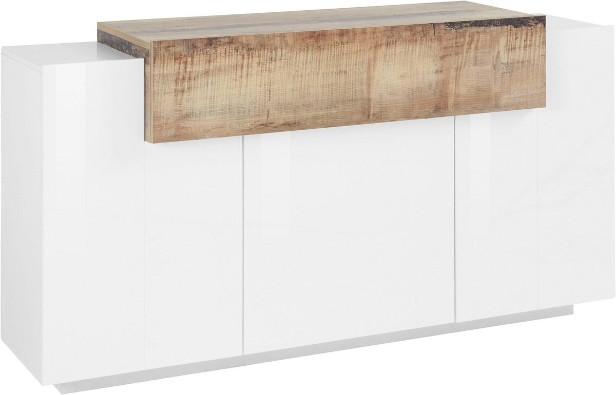 Credenza CELESTIA acero pereira chiusa, ribalta in legno naturale sopra le ante bianche #colore_Bianco Lucido/Acero Pereira