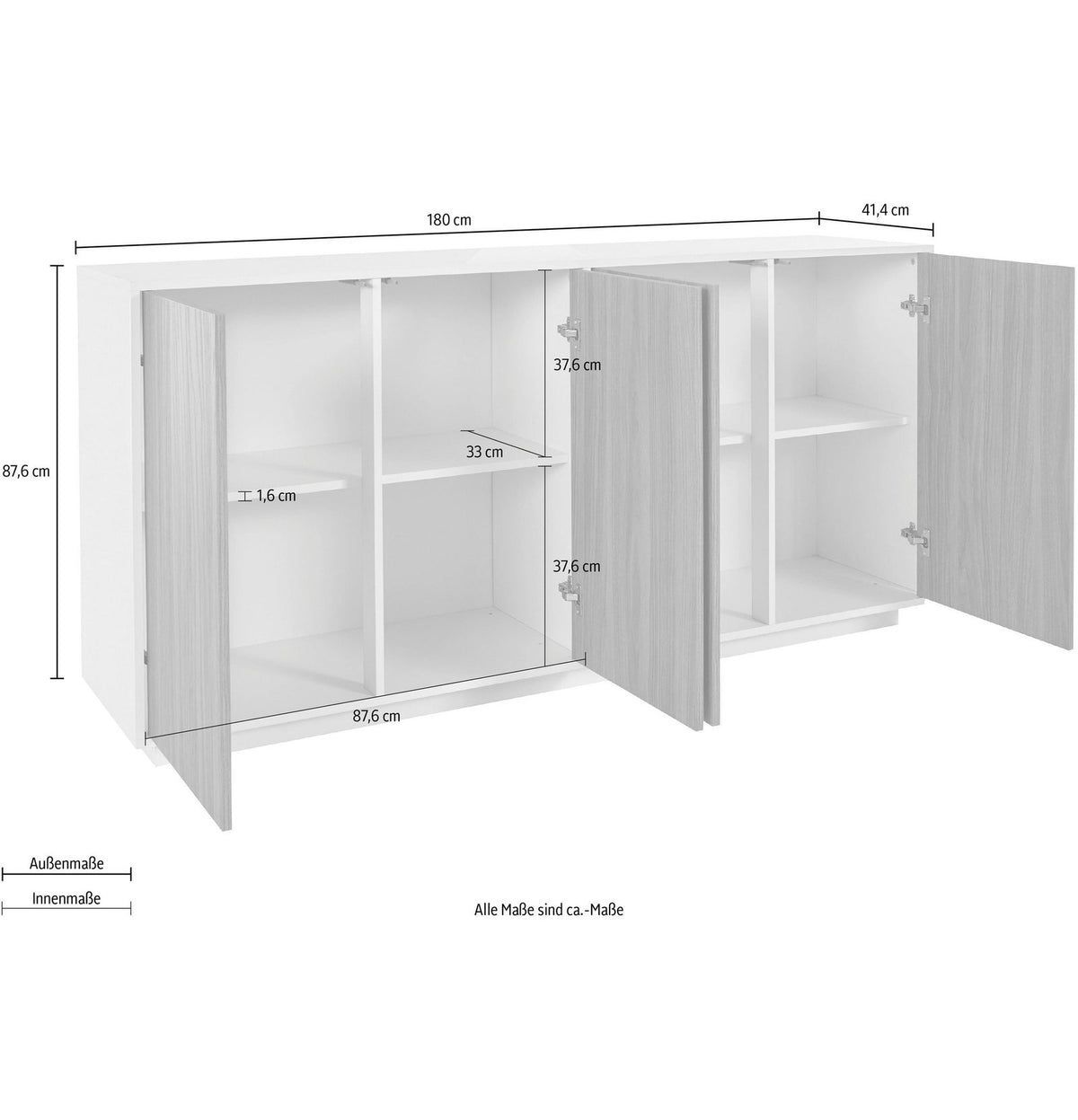 Credenza ENIGMA bianco lucido con misure quotate: 180 cm di larghezza, 87,6 cm di altezza #colore_Bianco Lucido