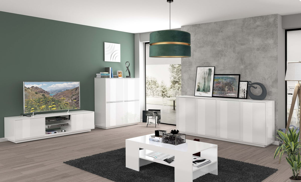 Credenza ENIGMA bianco lucido in soggiorno con mobile TV e libreria bianchi sullo sfondo #colore_Bianco Lucido