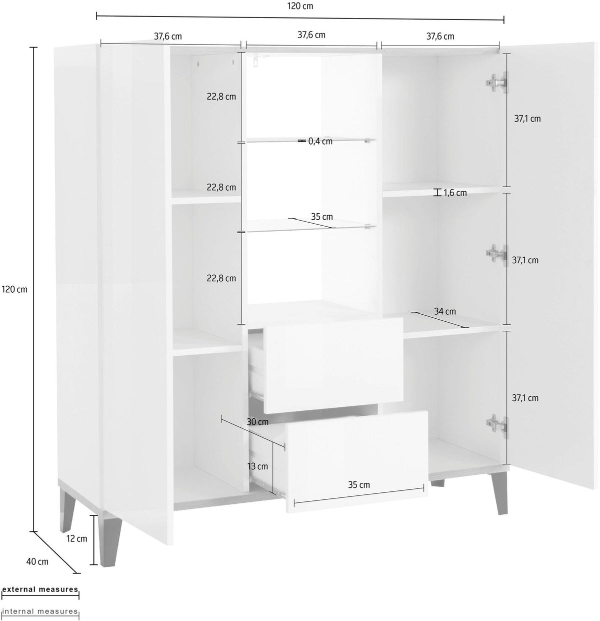 Credenza ARTEMIS bianco opaco con misure: 120 cm di larghezza, 40 di profondità