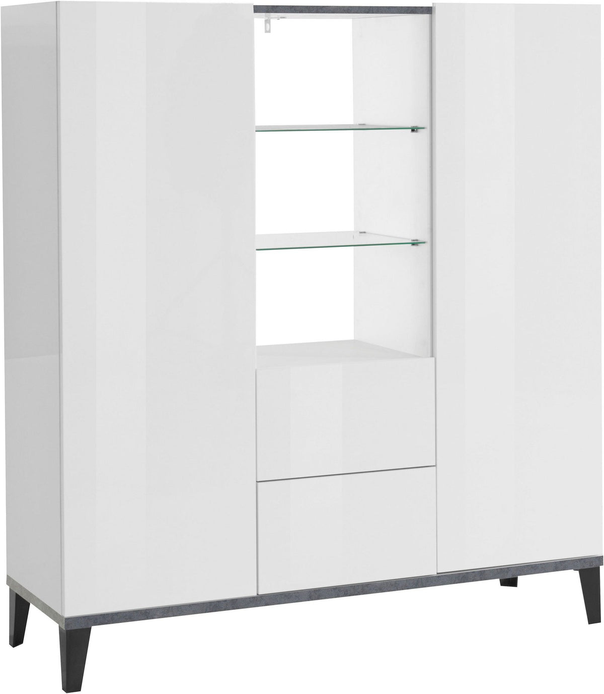 Credenza ARTEMIS bianco opaco su fondo bianco, vista di tre quarti con ripiani in vetro