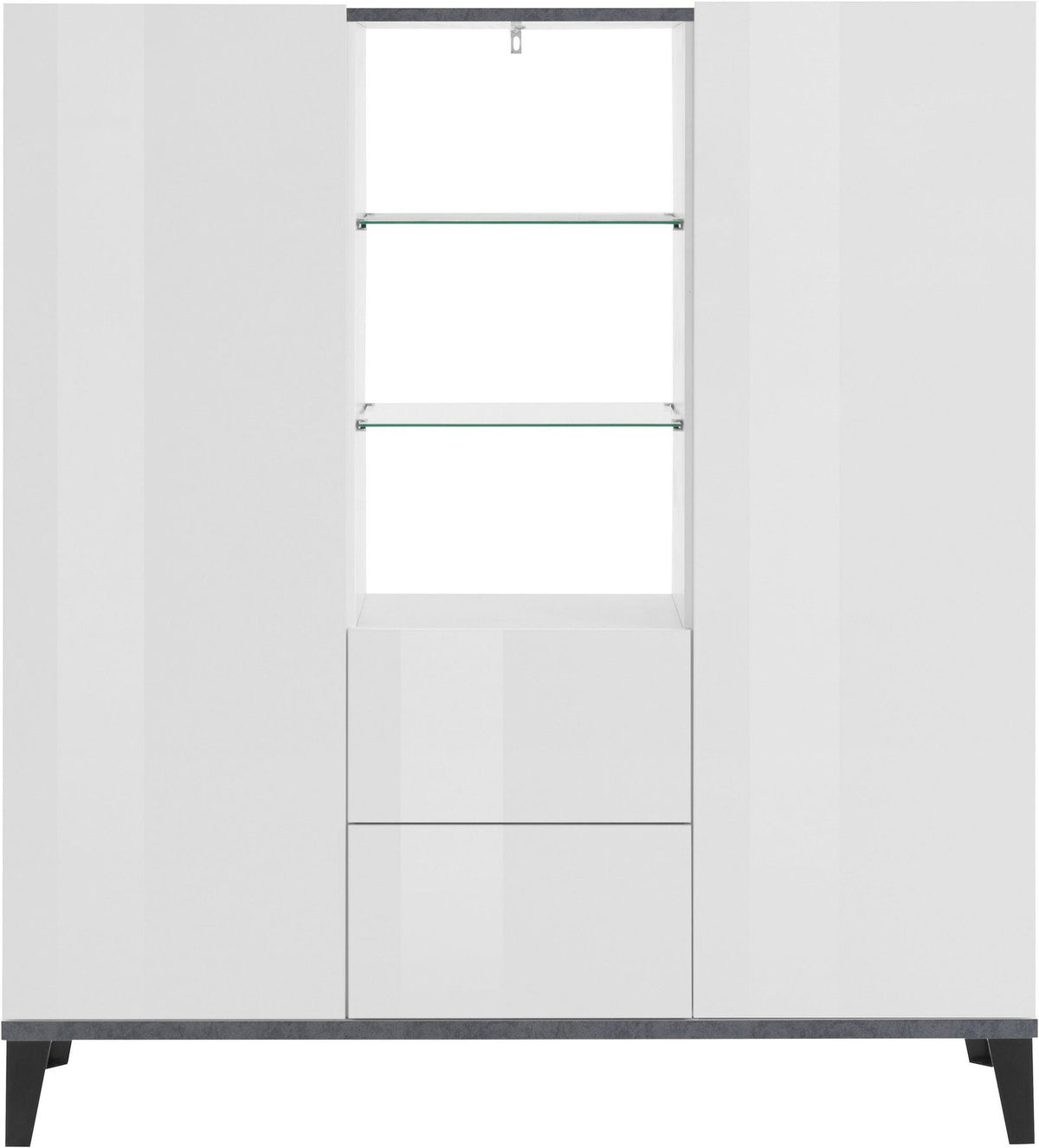 Credenza ARTEMIS bianco opaco frontale con due ante centrali aperte e luce LED nel vano