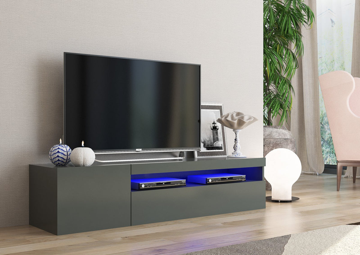 Porta TV FUSION antracite opaco con ribalta abbassata e LED blu nei vani, in salotto #colore_Antracite Lucido