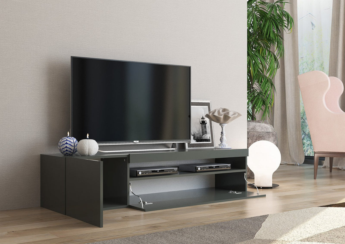 Porta TV FUSION antracite con ribalta aperta in avanti che mostra due lettori nel vano #colore_Antracite Lucido