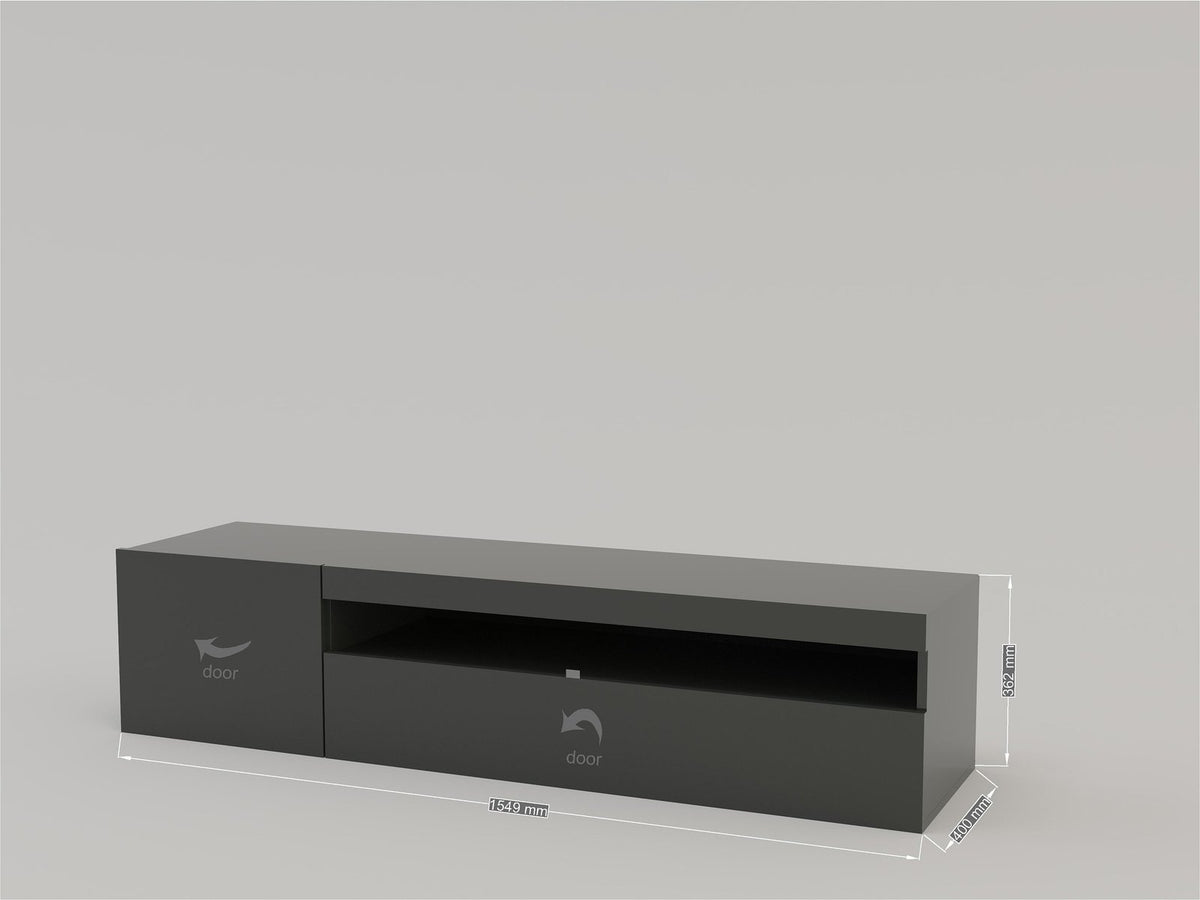 Porta TV FUSION antracite montato su sfondo grigio, con misure in millimetri riportate #colore_Antracite Lucido