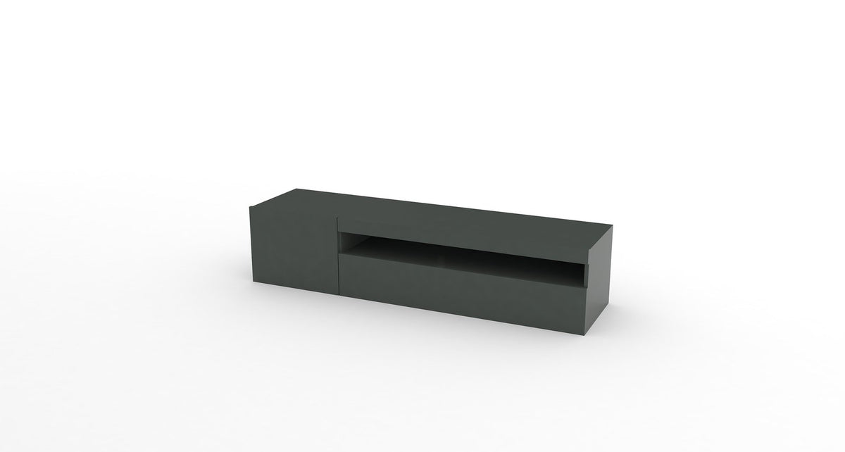 Porta TV FUSION antracite opaco su sfondo bianco, vano a tutta lunghezza con ripiano interno #colore_Antracite Lucido