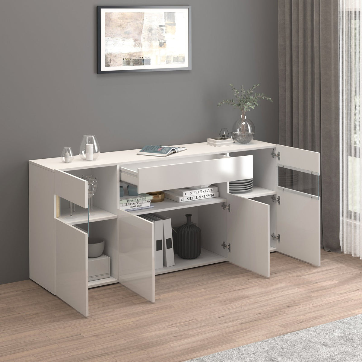 CREDENZA BASSA bianco lucido con ante aperte e cassetto centrale, vista da un'angolazione laterale