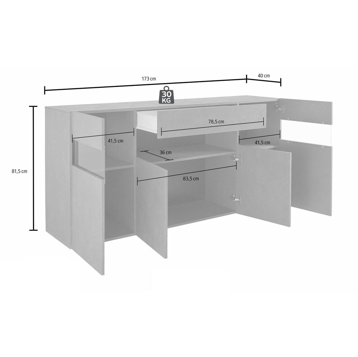 CREDENZA BASSA bianco opaco, misure principali: 173 cm di lunghezza, 40 di profondità, 81,5 di altezza